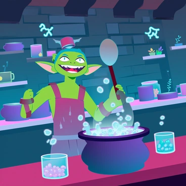 A mischievous goblin with green skin, pointy ears, and a crooked smile is stirring a bubbling cauldron filled with a strange, colorful stew. The goblin is wearing a tattered apron and has a small chef's hat perched on its head. The castle kitchen is dimly lit, with stone walls and wooden beams, filled with various pots, pans, and jars of peculiar ingredients. Some ingredients, like glowing mushrooms and colorful herbs, are scattered around the counter. The goblin looks excited as it tastes the stew with a large wooden spoon, and there are odd steam clouds rising with whimsical shapes emerging from them.