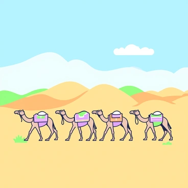 A camel caravan is crossing expansive sand dunes in the desert. The caravan consists of several camels, each adorned with colorful saddles and harnesses. The camels are walking in single file, their shadows elongated on the golden sand. In the background, rolling dunes create a rhythm across the landscape, their peaks and valleys creating a sense of depth. Above, a bright blue sky stretches endlessly, adorned with a few wispy clouds. The scene captures the essence of a desert journey, with the sun casting warm light across the vast terrain.