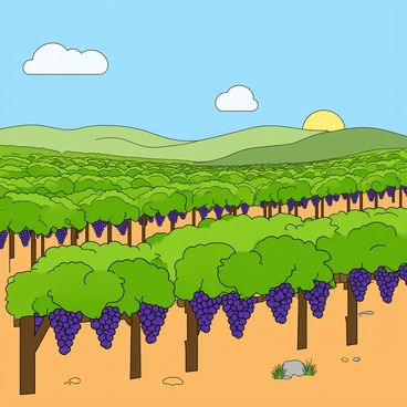 A sprawling vineyard with rows of lush green grapevines stretching across the landscape. The grapevines are heavy with bunches of ripe, purple grapes hanging from their branches. The sun is shining brightly in a clear blue sky, casting warm light across the vineyard. In the distance, gentle hills can be seen, creating a picturesque backdrop. A few fluffy white clouds float above, adding detail to the bright scene. The ground is dotted with small rocks and patches of grass, completing the idyllic setting.