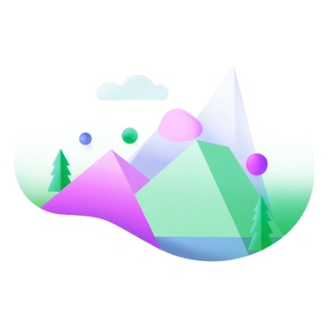 A modern pastel illustration featuring hills represented as a series of overlapping geometric shapes. These shapes include triangles, circles, and rectangles, all filled with soft pastel colors such as light pink, mint green, and pale blue. The hills are layered, creating a sense of depth and dimension. Scattered among the hills are small, abstract trees in similar pastel hues, adding to the overall composition. The background is a gentle gradient, enhancing the tranquil atmosphere of the landscape.