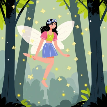 A mystical forest fairy with delicate, translucent wings is hovering in mid-air. She has a flower crown made of glowing blue flowers that emit a soft light. Her long, flowing hair cascades loosely around her shoulders. Surrounding her are numerous fireflies, glowing in various shades of yellow and green, dancing in the air. The background features tall, slender trees with rich green foliage and hints of soft light filtering through the leaves. Tiny sparkling orbs float gently around her, enhancing the enchanting atmosphere of the forest.