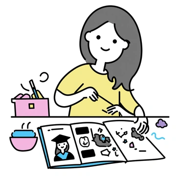 A girl with long brown hair, sitting at a wooden table, is focused on creating a scrapbook. She is surrounded by various colorful materials such as patterned paper, stickers, and markers. In front of her, an open scrapbook displays several pages filled with graduation memories and photos. The pages contain pictures of her in a cap and gown, a graduation ceremony, and friends celebrating. The girl is placing decorative elements onto a page while smiling, clearly enjoying the process of preserving her memories.