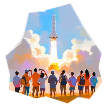 Spectators watching a spectacular space rocket launch from a safe distance