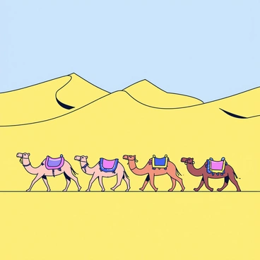 A caravan with several camels is crossing a vast desert landscape. The camels are adorned with colorful saddlebags and decorative blankets. Tall sand dunes rise in the background, their curves creating shadows in the golden sand. The sky above is a bright blue, hinting at the warmth of the sun. The caravan is moving in a line, with a sense of purpose as it traverses the arid terrain.