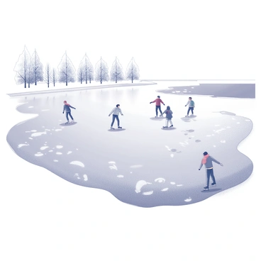 A frozen lake is covered with a smooth layer of ice, showing "footprints" leading across the surface. In the distance, several ice skaters are gliding gracefully, their figures enjoying the winter day. The skaters are dressed in winter attire, with some wearing colorful scarves. The surrounding landscape features snow-covered trees lining the edge of the lake, creating a tranquil winter scene.