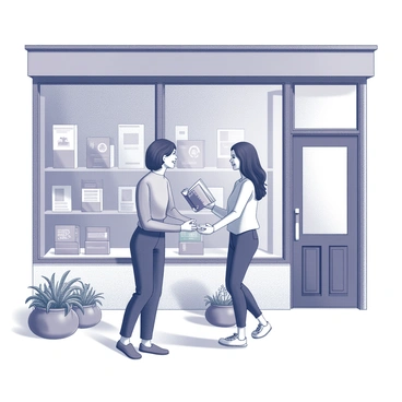Two friends are standing outside a librairie. One friend is handing a book to the other, who is smiling and reaching out to receive it. The librairie features large windows displaying various books and a wooden door. The scene is set under a clear sky, with sunlight casting shadows on the ground. There are a few potted plants near the entrance of the librairie, adding to the lively atmosphere. Both friends are dressed casually, and their expressions show enjoyment and camaraderie.
