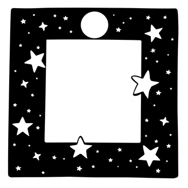 An illustration frame composed of twinkling stars scattered throughout the border, with varied sizes and sparkling effects. In the top center, there is a large glowing moon, casting a soft light around the frame. The background is filled with smaller stars, creating a night sky ambiance. The entire composition is balanced, showcasing the stars and moon harmoniously in the frame.