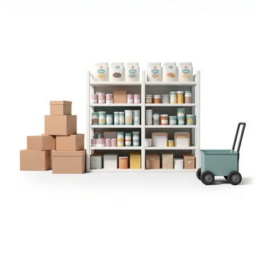 A grocery store storeroom with neatly organized shelves. The shelves are filled with various bulk items, including bags of rice, pasta, and beans, all labeled clearly. There are also containers of spices and grains, arranged in a systematic manner. The floor is clean and the lighting is bright, illuminating the orderliness of the space. Various sized boxes are stacked in the corners, and a small rolling cart is positioned nearby, ready for stocking. The overall atmosphere conveys efficiency and preparedness.