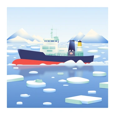 A large barge is moving steadily through icy waters, cutting through the landscape with a powerful presence. The barge is painted in dark blue with white accents, and it has a tall structure at the back with navigation lights. Surrounding the barge are numerous chunks of ice floating on the surface, some are small and others are large, glistening in the sunlight. The icy waters are a deep blue, reflecting the sky above, while the edges of the ice pieces are frosted with white. In the background, an expansive view of distant snow-covered mountains can be seen under a clear blue sky.
