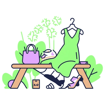 An outdoor scene featuring various eco-friendly fashion items displayed on a wooden picnic table. On the table, there is a green dress made from organic cotton, draped gracefully, next to a pair of purple sandals with natural fibers. A green hat made from straw is placed nearby, along with a purple bag crafted from recycled materials. In the background, there are trees and plants providing a natural setting, with soft sunlight filtering through the leaves. A small sign sits on the table, stating "Eco-Friendly Fashion."