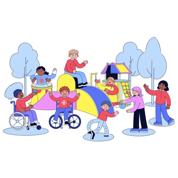 A diverse group of children playing together on an inclusive playground. One child in a wheelchair is joyfully spinning on a merry-go-round, while another child, wearing a bright red shirt, climbs on a colorful jungle gym. Nearby, a child with a hearing aid is laughing as they slide down a rainbow-colored slide. In another corner, a child with a prosthetic limb is playing catch with a friend using a soft, blue ball. The playground is filled with various accessible equipment, and trees provide shade around the area.