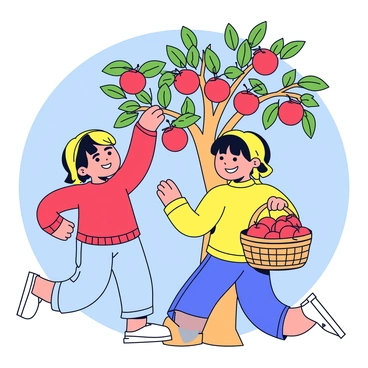 Two children are happily picking apples from the branches of a tree. One child, wearing a red sweater, reaches up to grab a shiny red apple, while the other child, dressed in a yellow jacket, holds a wicker basket filled with freshly picked apples. The tree is full of bright red apples and has vibrant green leaves. The background features a clear blue sky and the warm sunlight illuminating the scene, highlighting the colors of autumn.