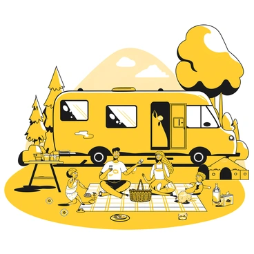 A family of four is seated on a checkered picnic blanket spread on the grass. The parents, a man and a woman, are smiling as they share food from a wicker basket. The children, a boy and a girl, are playing with a frisbee nearby. Behind them, a parked RV is visible, with its door open and some outdoor gear leaning against it. Tall trees and lush greenery surround the family, with a distant view of mountains in the background. A picnic table is set up nearby, adorned with additional food items and drinks. The scene conveys a sense of togetherness and outdoor enjoyment.