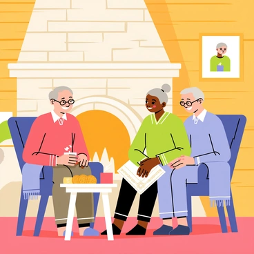 Ichinose sitting in a cozy countryside home with warm wooden walls and a stone fireplace. The fireplace has a gentle fire burning, casting a warm glow around the room. Ichinose is surrounded by two elderly grandparents, one wearing glasses and a knitted sweater, and the other with gray hair in a bun. They are all smiling as they share stories together. A small table nearby holds steaming cups of tea and a plate of freshly baked cookies. Soft blankets are draped over the chairs, and family photos are displayed on the walls.