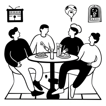 Scott sitting at a diner booth, laughing with his friends. The table is filled with various plates of fries and tall glasses of milkshakes. Each friend is engaging in the conversation, with one leaning slightly forward while another leans back, adding to the lively atmosphere. The diner is decorated with retro elements, including checkered patterns on the floor and vintage posters on the walls. A small jukebox is visible in the background, contributing to the nostalgic setting.