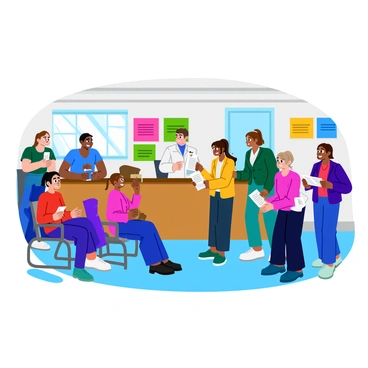 A diverse group of people gathered inside a Canadian clinic. There are individuals of various ages, ethnicities, and backgrounds, each engaging in conversation and displaying a sense of community. Some people are sitting in waiting chairs, while others are standing near a reception desk, where a friendly healthcare worker is providing information. Papers and brochures about "accessible healthcare protection plans" are visible on the desk and in the hands of some individuals. The clinic has colorful banners on the walls promoting health and wellness. Natural light streams through the windows, creating a welcoming atmosphere.