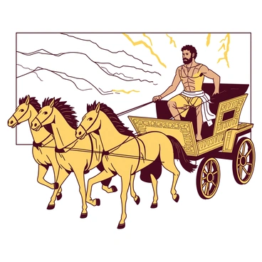 A powerful figure resembling "Zeus" is seated confidently in a magnificent "golden chariot." The chariot is adorned with intricate details that catch the light, showcasing its opulence. In front of the chariot, "four thunderous horses" are harnessed, their muscles rippling as they gallop forward with intense energy. The horses are depicted with flowing manes and tails, suggesting motion and speed. The background is filled with a dramatic sky, punctuated by streaks of lightning, adding a sense of grandeur to the scene.