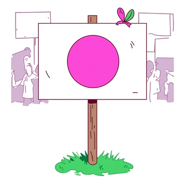 A white protest sign stands upright on a wooden stake. The sign is predominantly blank, intended for messages, but a large, vibrant pink sticker covers the center. The sticker is round and glossy, obscuring the message that was originally written on the sign. The stake is planted in green grass, and there are hints of colorful ribbons tied at the top of the sign. The lighting indicates it is a bright, sunny day, and the background shows a blurred crowd of people holding their own signs.