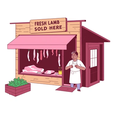 A quaint butcher shop features a wooden exterior with large glass windows. The windows are adorned with vibrant displays of fresh meats and colorful sausages hanging from hooks. Above the shop entrance, there is a wooden sign that reads "Fresh Lamb Sold Here" in bold, inviting letters. A small awning in front provides shade, while a cheerful butcher, wearing a white apron, stands behind the counter, ready to serve customers. Nearby, a rustic wooden crate filled with fresh herbs complements the scene.