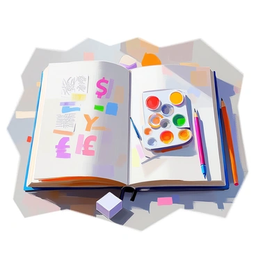 A sketchbook lying open on a table, displaying pages filled with various doodles. One page features intricate drawings of different currency symbols, including the dollar sign, euro symbol, and yen sign, all arranged in a playful manner. Another page showcases a variety of art tools, such as paintbrushes, pencils, and palettes, with detailed sketches of each item. The sketchbook has a textured cover, and the table's surface beneath it is adorned with scattered colored pencils and a small eraser.