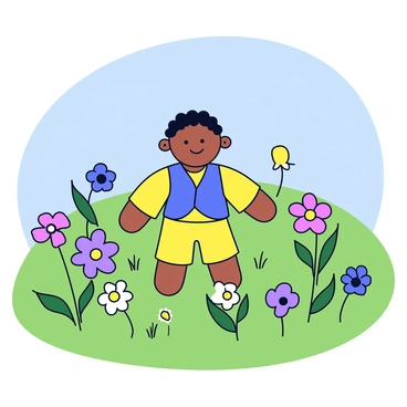 A simple onathappan figure made of clay, featuring a traditional design with vibrant colors. The figure is positioned in the center of a wildflower meadow, surrounded by various colorful wildflowers such as daisies, poppies, and buttercups. The meadow has lush green grass that gently sways in a light breeze. The background shows a clear blue sky above the serene landscape.