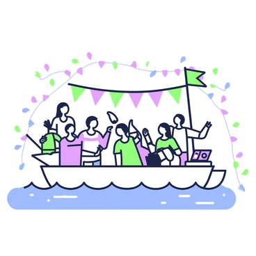 A barge is floating on the water, decorated with a variety of colorful flags fluttering in the breeze. On the barge, a group of cheerful people is gathered, engaging in lively conversations and enjoying the festivities. Some individuals are dancing, while others are clapping their hands to the rhythm of music coming from a portable speaker. In the background, there are decorative lights strung across the barge, adding to the festive atmosphere. The water reflects the vibrant activity on the barge, creating an energetic scene of celebration.