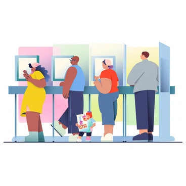 A diverse group of people is lined up in front of a modern voting booth. The line includes individuals of various ethnicities, including a Black woman with curly hair wearing a yellow dress, an Asian man with glasses dressed in a blue shirt, a Hispanic woman in a red blouse, and a Caucasian man in a grey suit. The voting booth is sleek and contemporary, featuring a digital touch screen and a vibrant backdrop. In the foreground, a small child is holding a colorful sign that says "Vote." The atmosphere is energetic, reflecting the importance of the voting process.