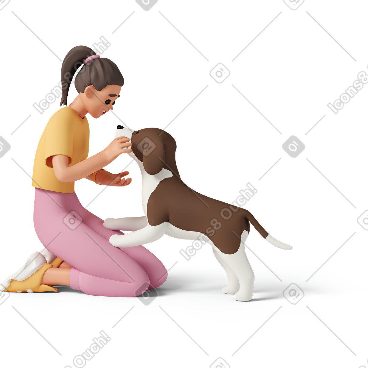 3D Casual life 스타일의 Young woman sitting on ground and petting dog 일러스트레이션 PNG, SVG 다운로드