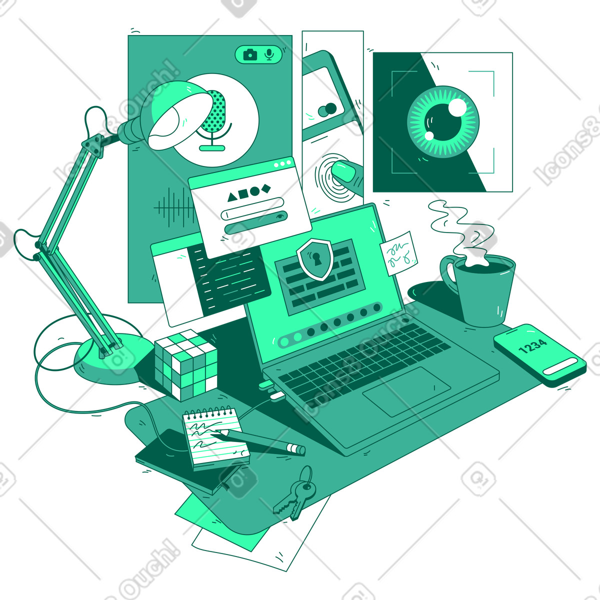 Biometrie und cybersicherheit für den datenschutz animierte Illustration im Storyline-Stil als Download in GIF, Lottie (JSON), AE
