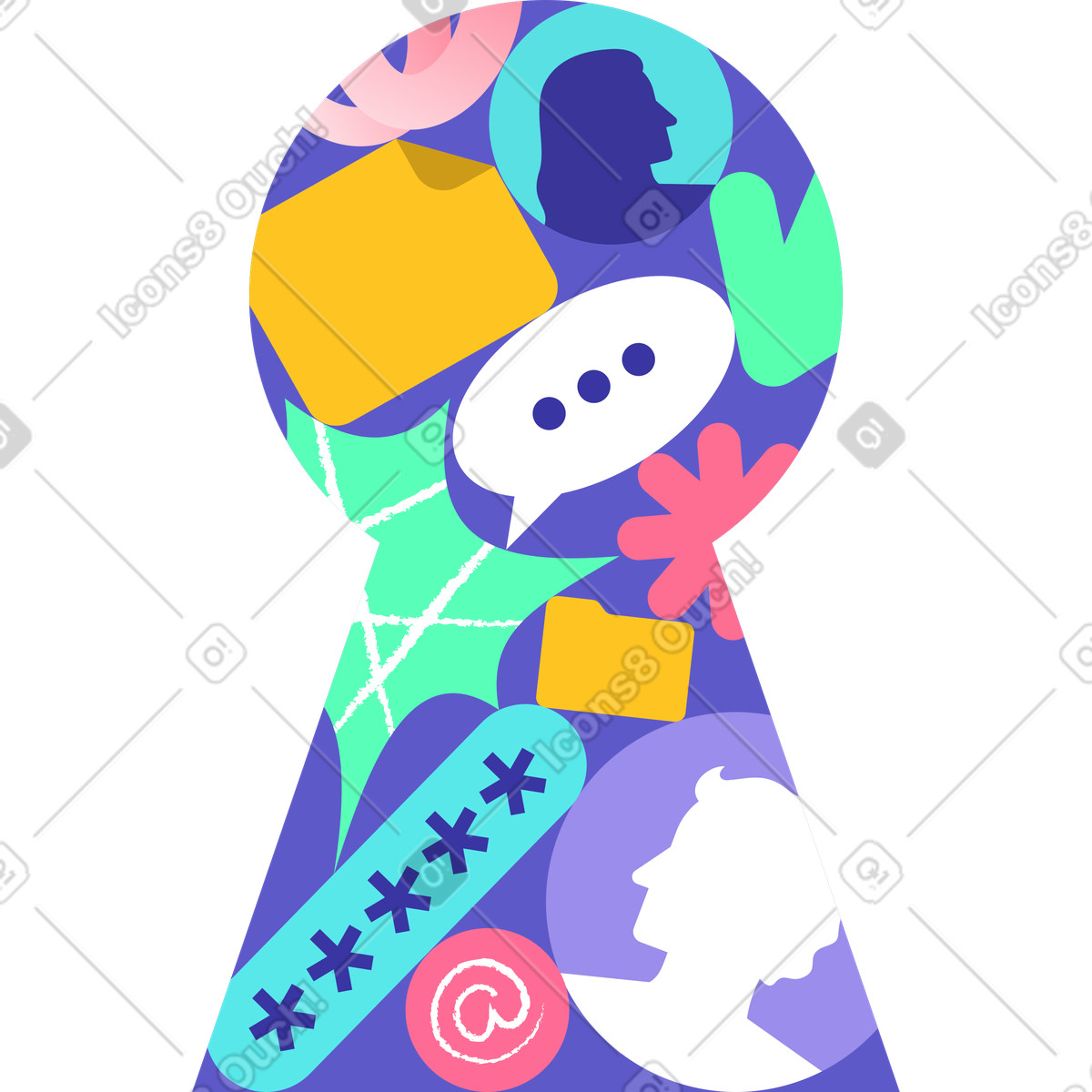 Buco della serratura con icona avatar, password, file, fumetto illustrazione in stile Bright scarica in PNG, SVG