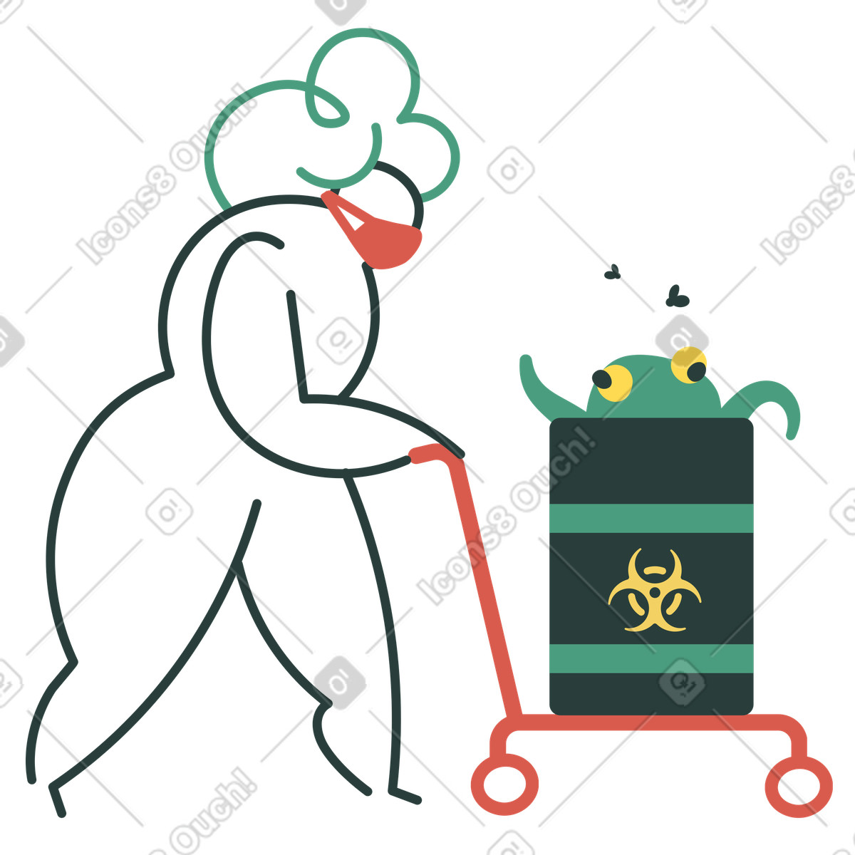Ilustración Mujer desechando residuos peligrosos en estilo Macaroni a descargar en PNG y SVG