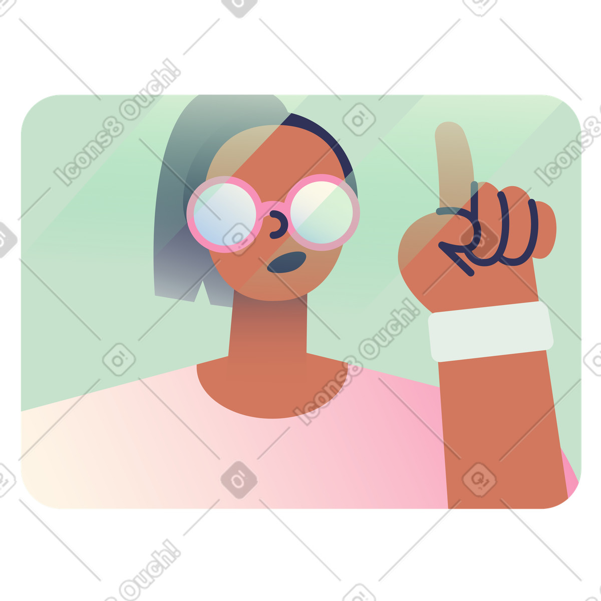Illustration animée Woman speaks and points up dans le style Beam à télécharger aux formats GIF, Lottie (JSON), AE