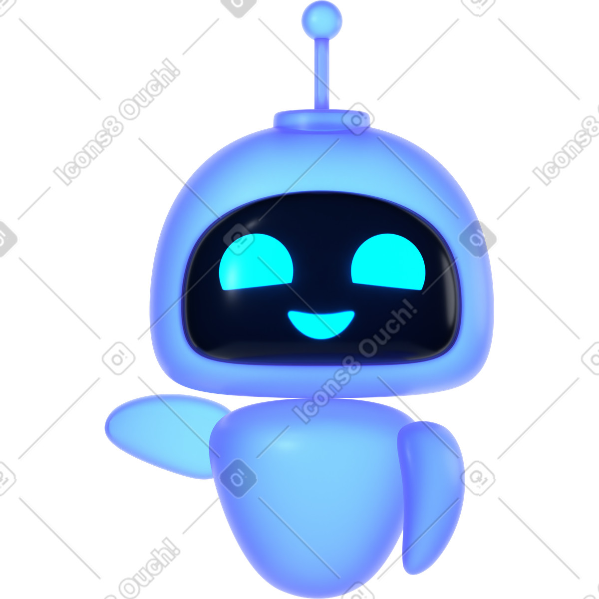 Robot happy raising right arm illustration in 3D Glassy style download in PNG, SVG