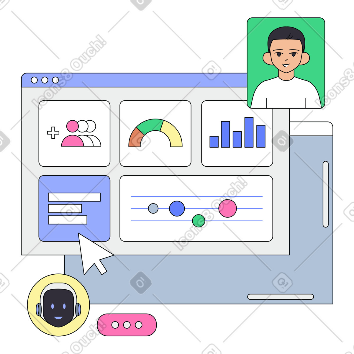 User dashboard interface with analytics and AI assistant illustration in PNG, SVG