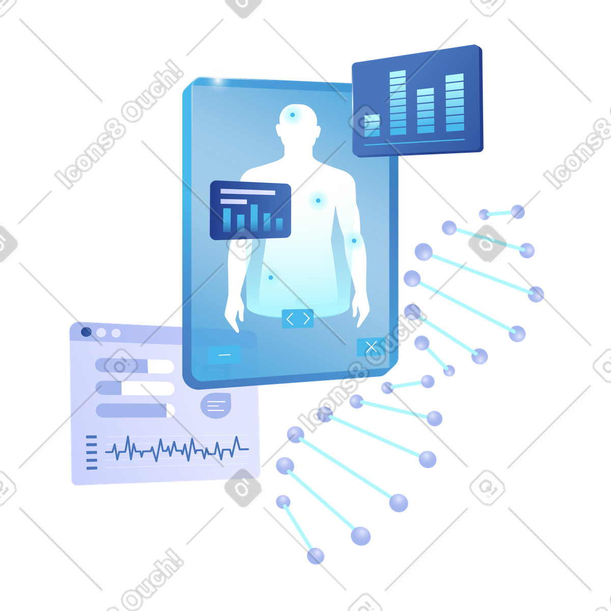 Ilustração de Medical diagnostics interface monitoring patient vitals and health data charts em no estilo Quantum para baixar em PNG, SVG