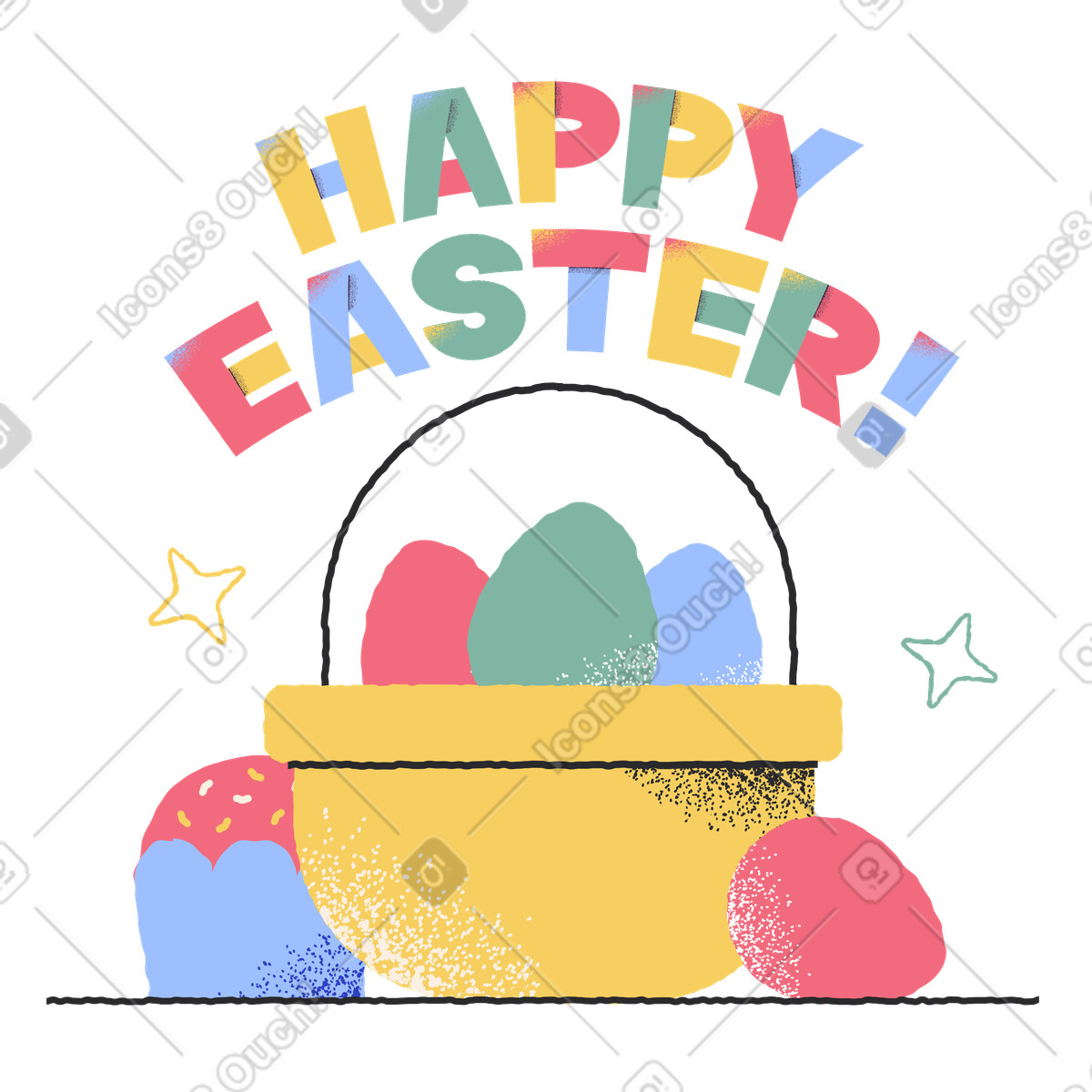 Illustration Happy Easter lettering over egg basket, Springtime holiday card dans le style Pablo à télécharger aux formats PNG, SVG