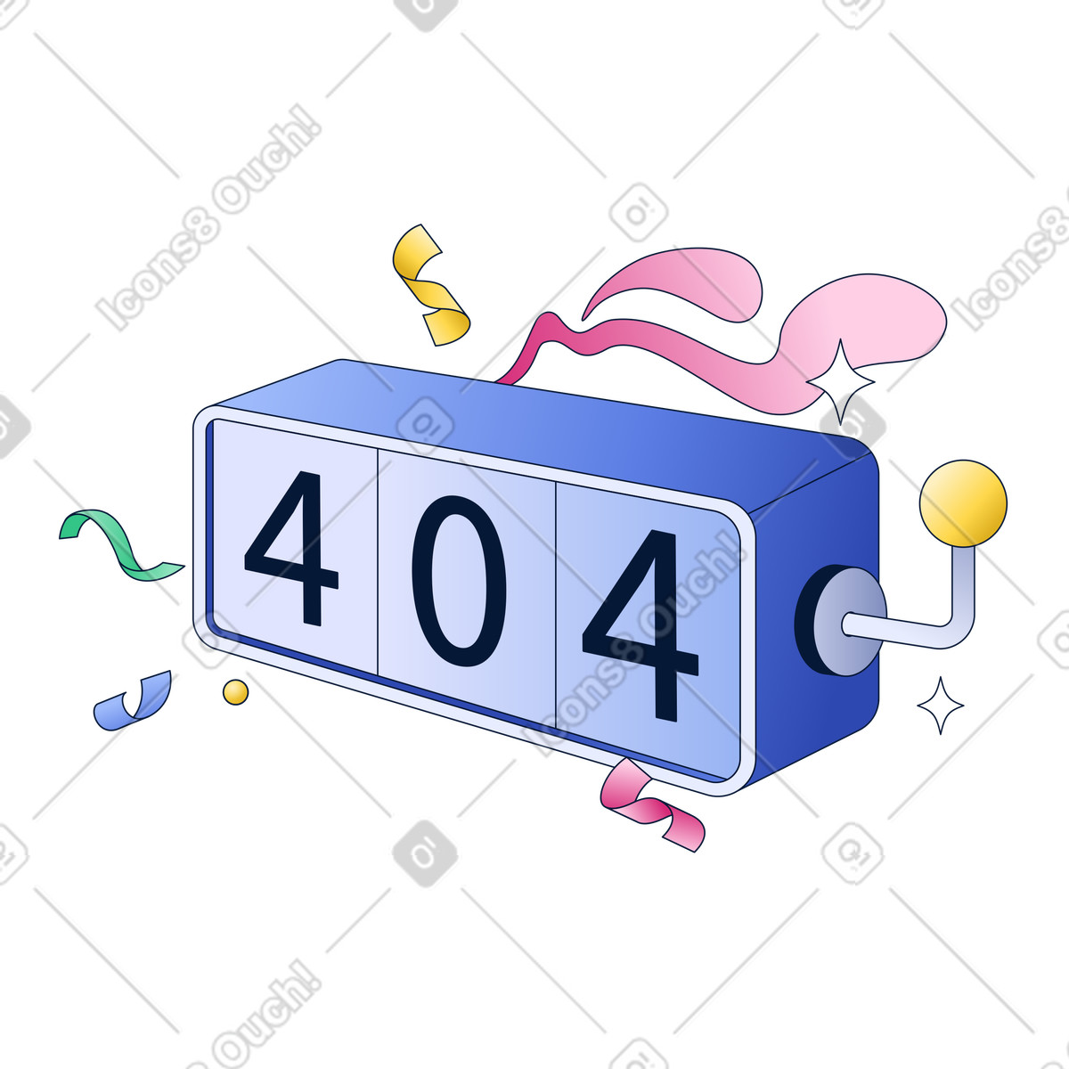 Ilustración Pantalla mecánica 404 con decoraciones, página de error o enlace roto en estilo Neat a descargar en PNG y SVG