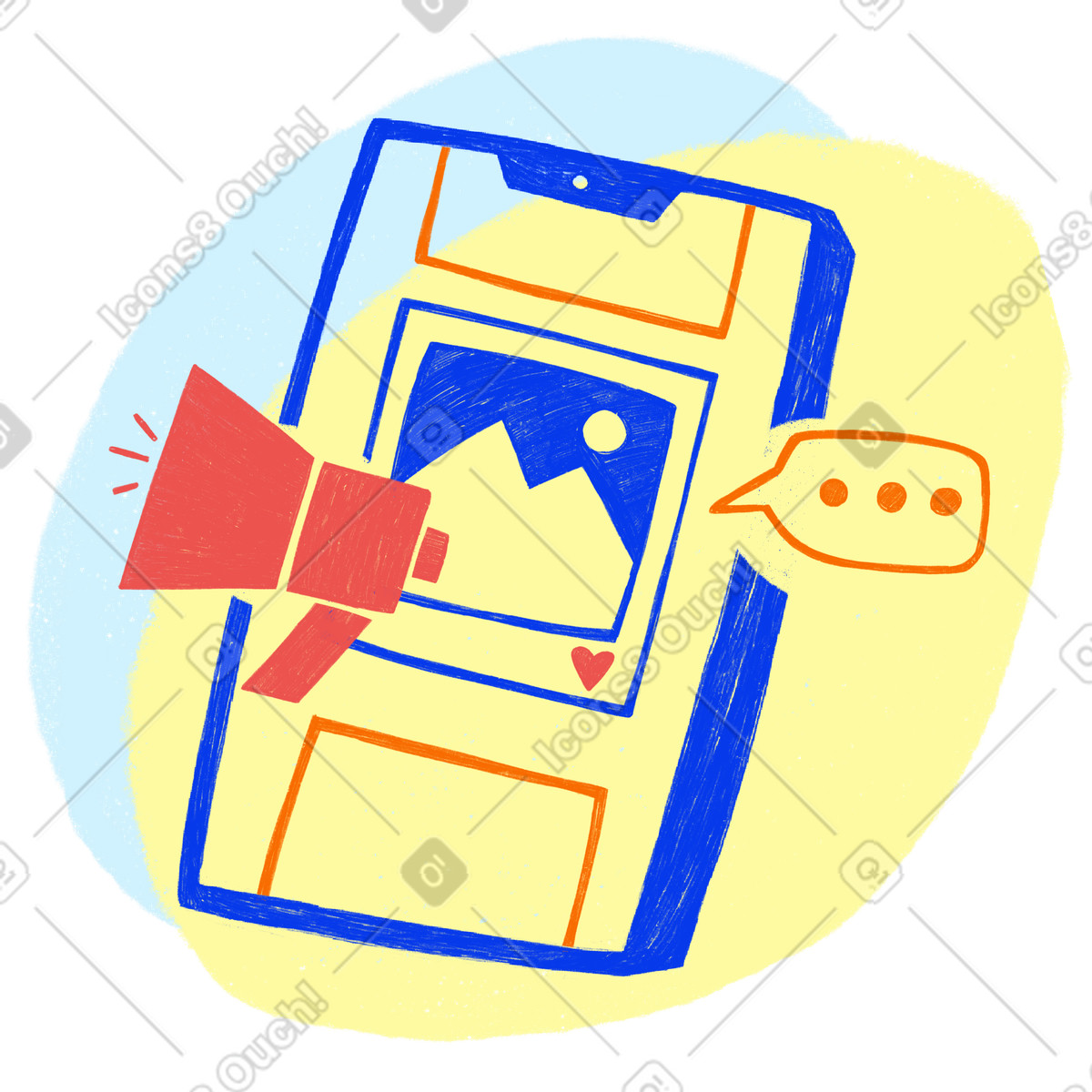Social media app interface with notification, Digital communication or advertising illustration in Biro style download in PNG, SVG