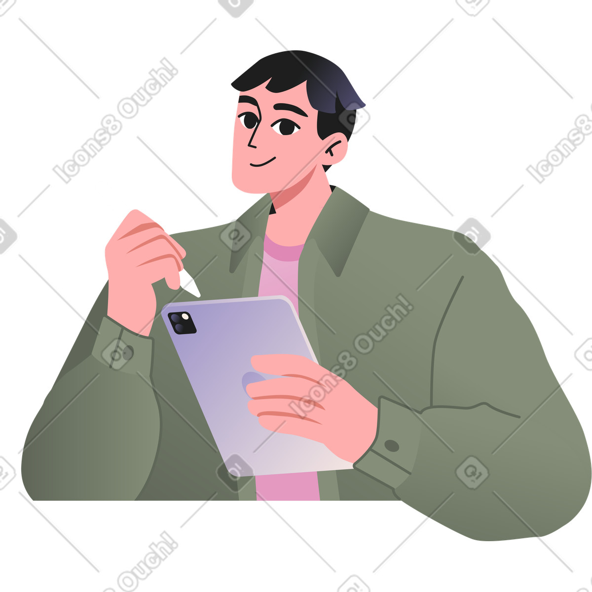 Young guy writes something on a tablet illustration in Coworking style download in PNG, SVG