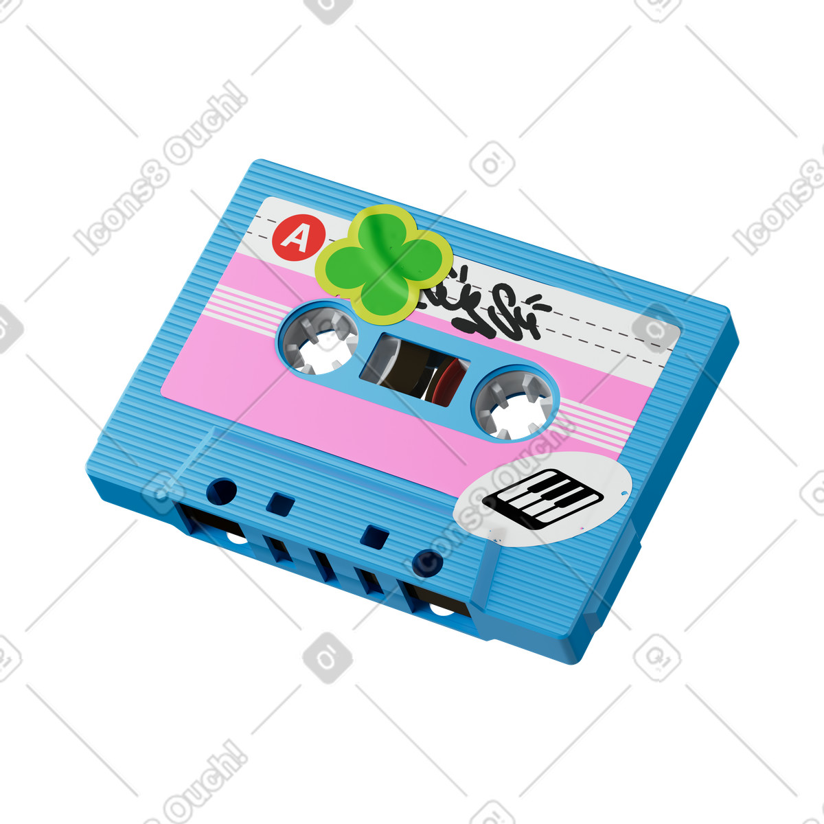 Ilustración Audio mixtape cassette with handwritten scribble label and clover en estilo 3D Stickle a descargar en PNG y SVG