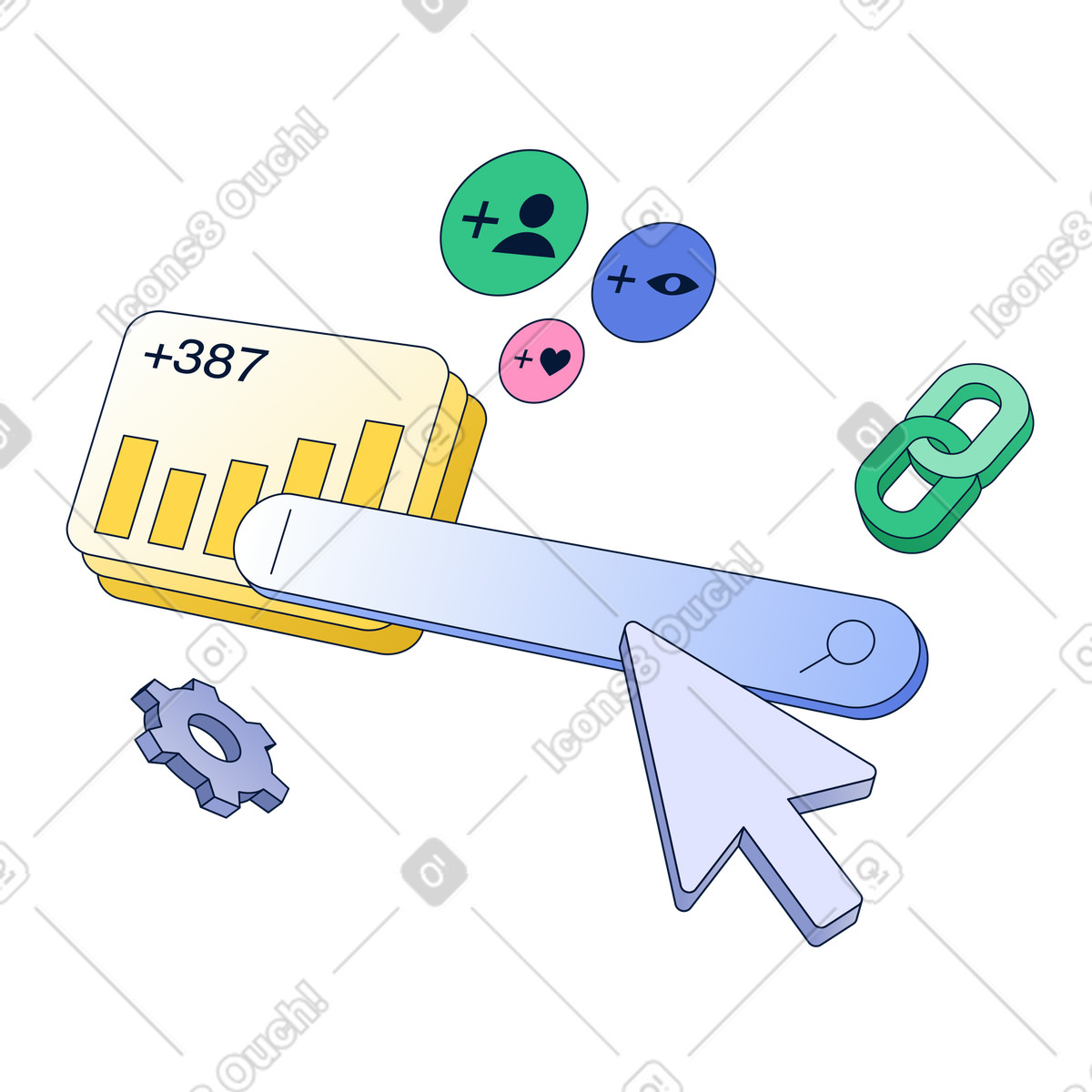 Search bar with analytics and social media icons, SEO metrics and link building illustration in PNG, SVG