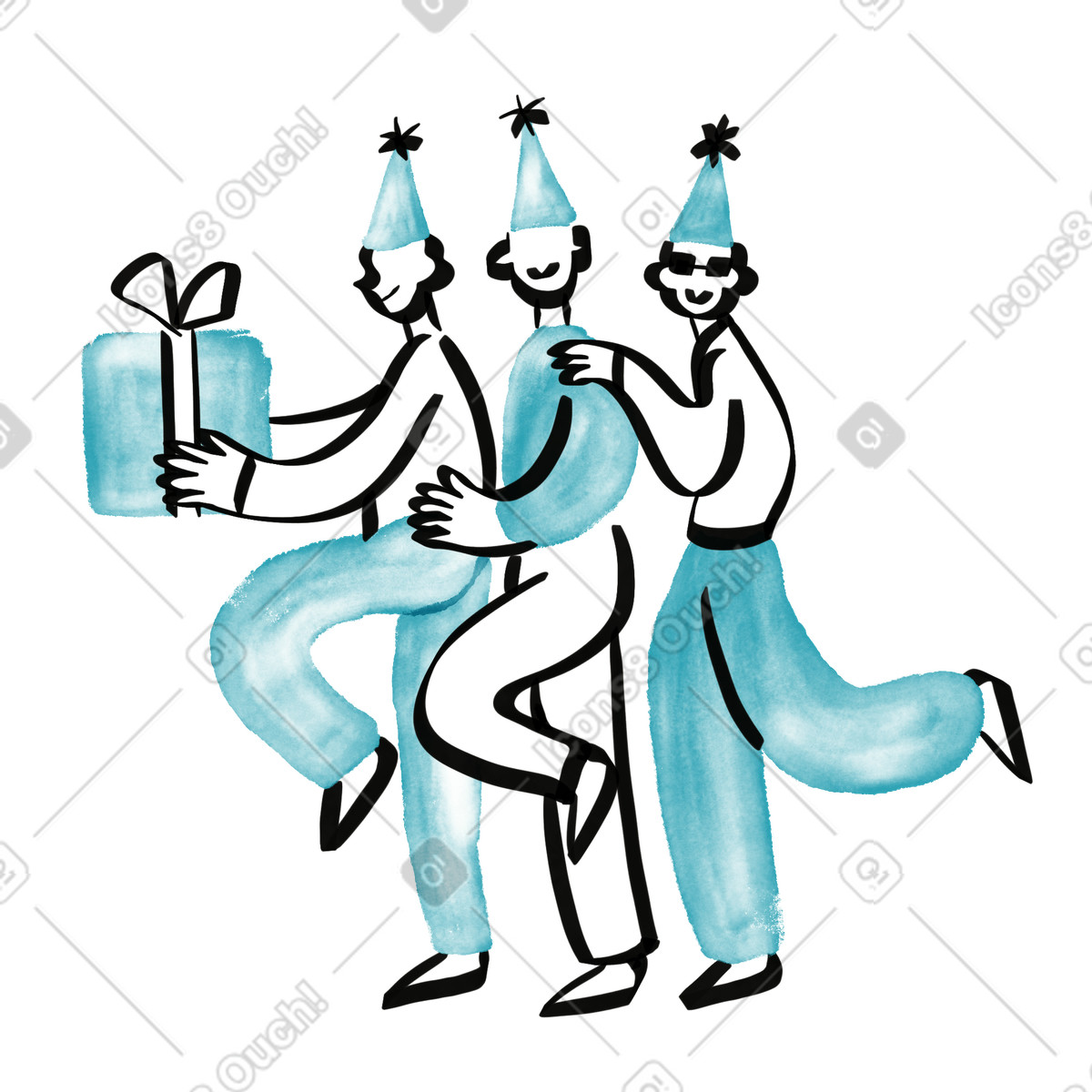 Party friends dancing together with gift box and celebration hats illustrazione in stile Watercolor sketch scarica in PNG, SVG