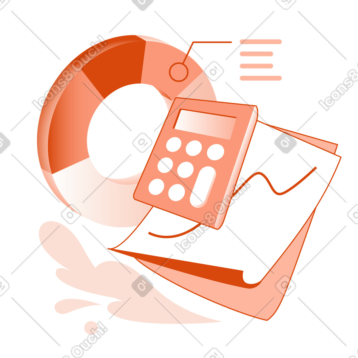 Calculator and pie chart with analytics documents, Business data analysis and reporting illustration in Orange style download in PNG, SVG