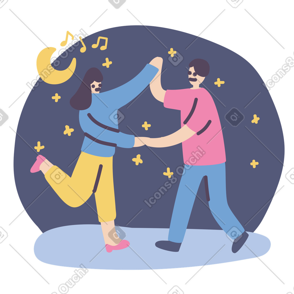 Man and woman dancing under the moon and stars illustration in Pluto style download in PNG, SVG