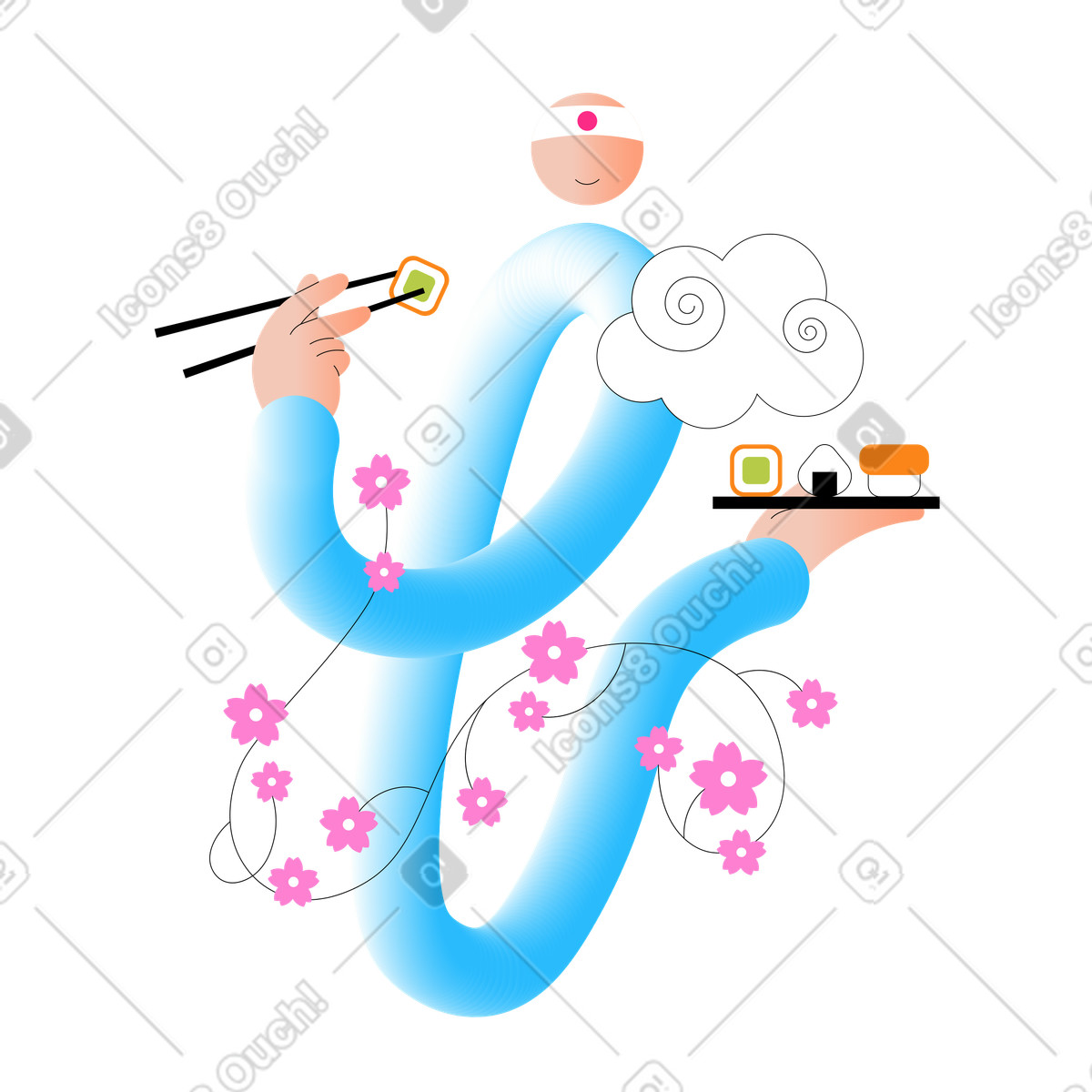 Man eating sushi, onigiri and sashimi illustration in Knotty style download in PNG, SVG