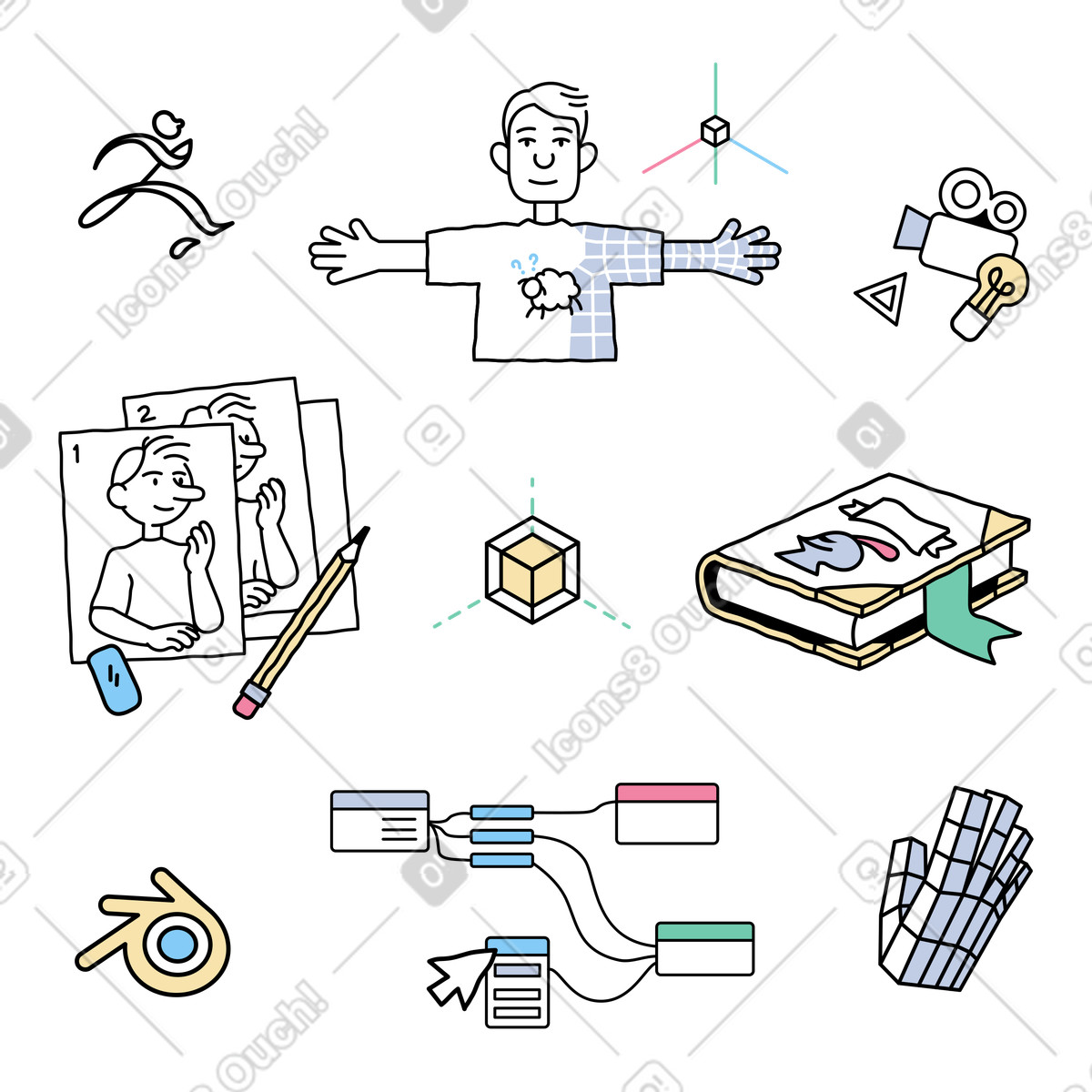Game design and 3d character modelling illustration in Notes style download in PNG, SVG