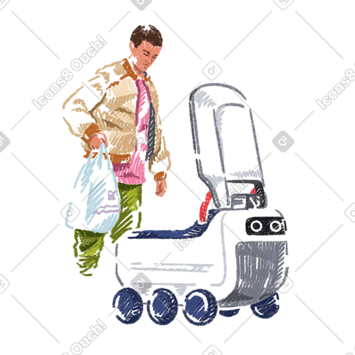 Ilustración Young man getting delivery by a robot en estilo Sketchbook descargar en PNG y SVG