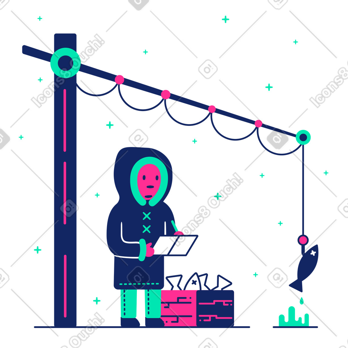 Cyborg スタイルの Scientist fisherman takes a fish out of hole with mechanical fishing rod のイラストをPNG、SVG形式でダウンロード