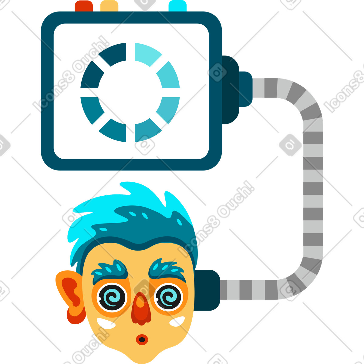 Head wired to a device with progress indicator, Data upload or brain-processing, Loading illustration in Experimental style download in PNG, SVG