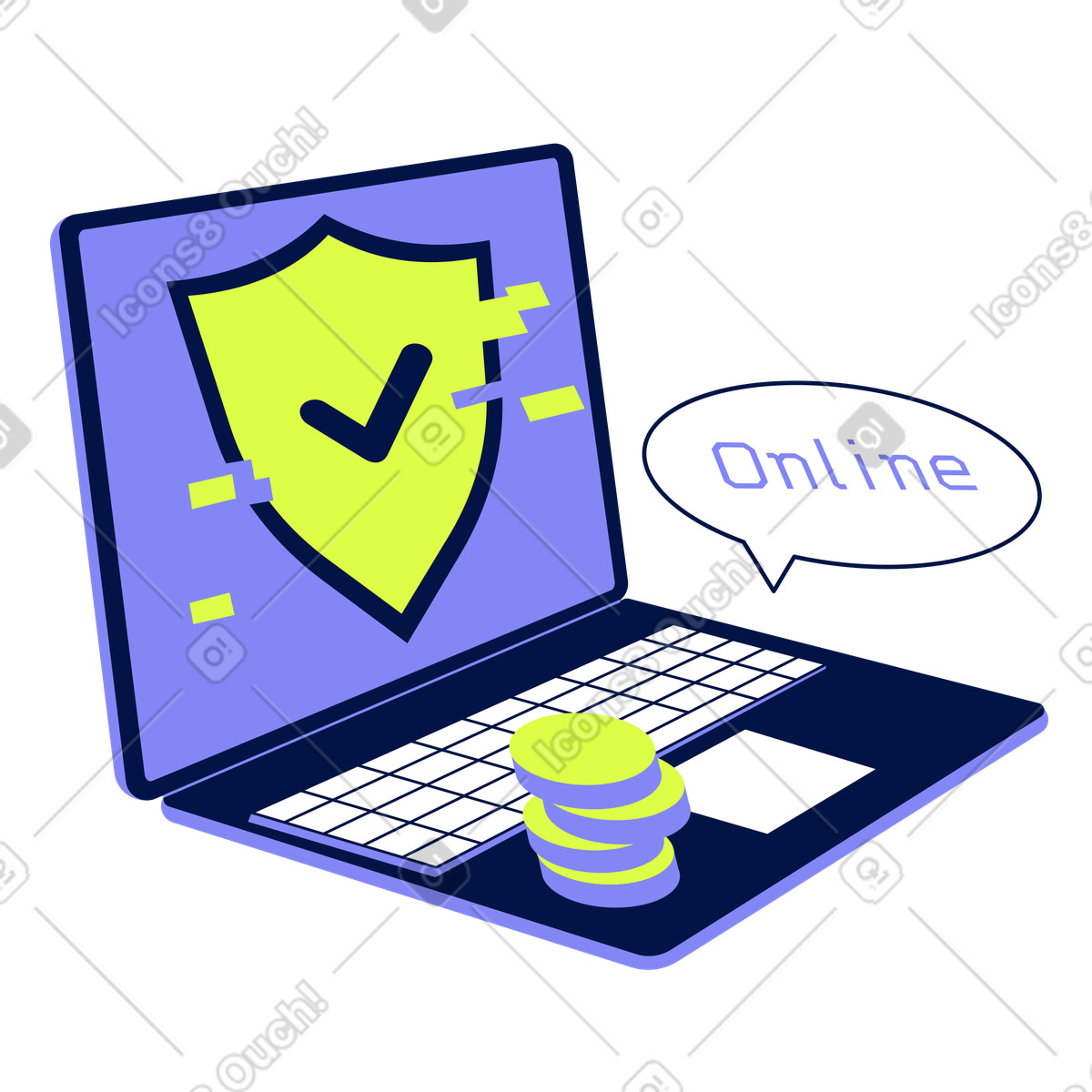 Illustration Secure laptop with shield, Cybersecurity for online payments dans le style Glow à télécharger aux formats PNG, SVG